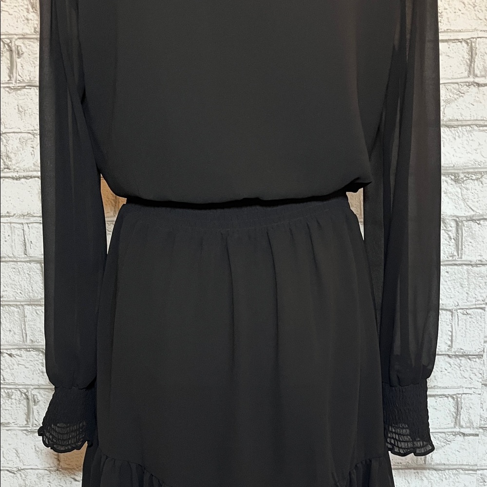 MICHAEL Michael Kors A-line silhouette sheer sleeves smocked waist black dress - Picture 9 of 16